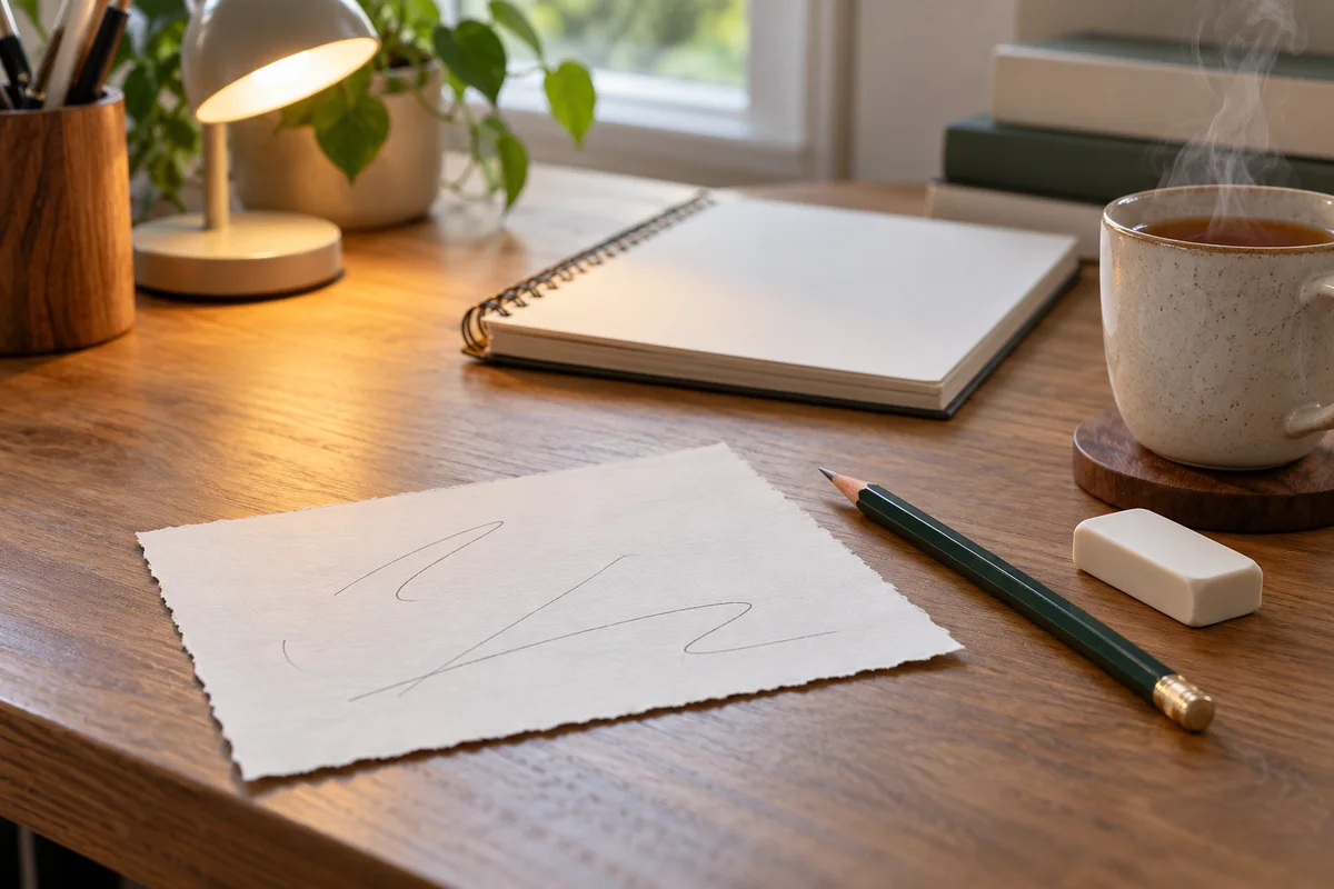A scrap of paper beside a pencil and a cup of tea on a tidy desk.