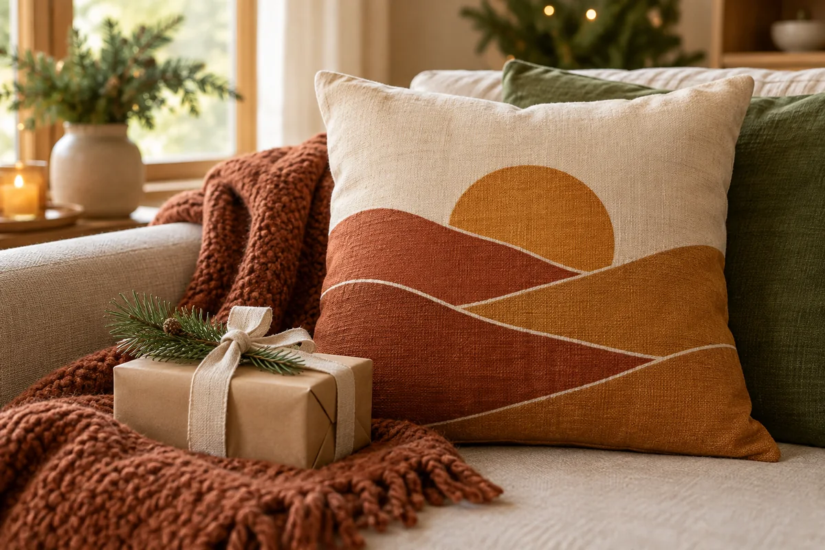 A terracotta-toned pillow on a sofa beside a wrapped parcel and a sprig of greenery.