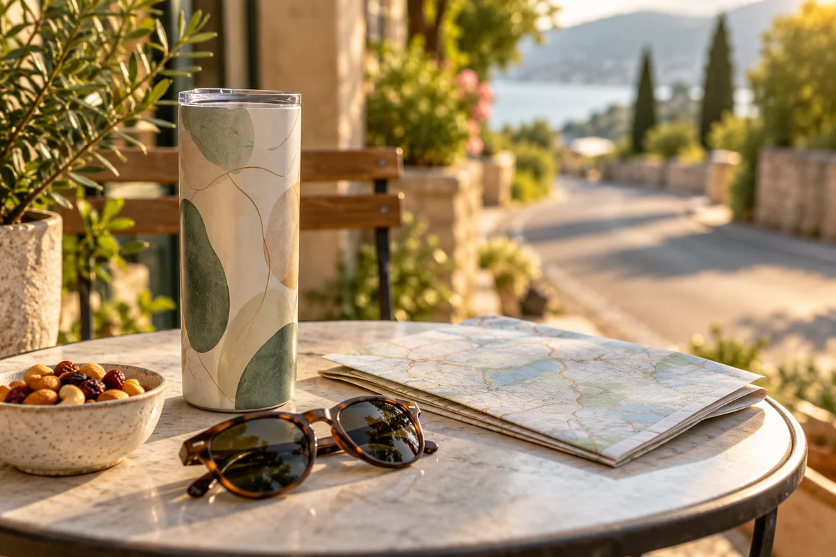 A tall skinny tumbler on a car-trip table next to a map and a pair of sunglasses.