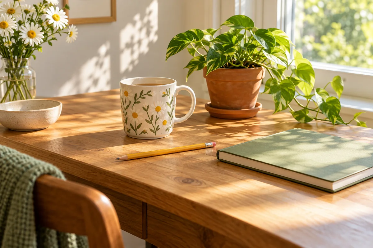 A sunlit classroom desk with a plain mug, a pencil and a small plant on the first day