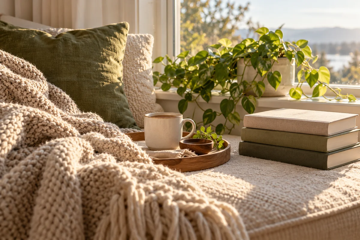 A mug and a knitted throw beside a stack of unmarked books and a window seat.