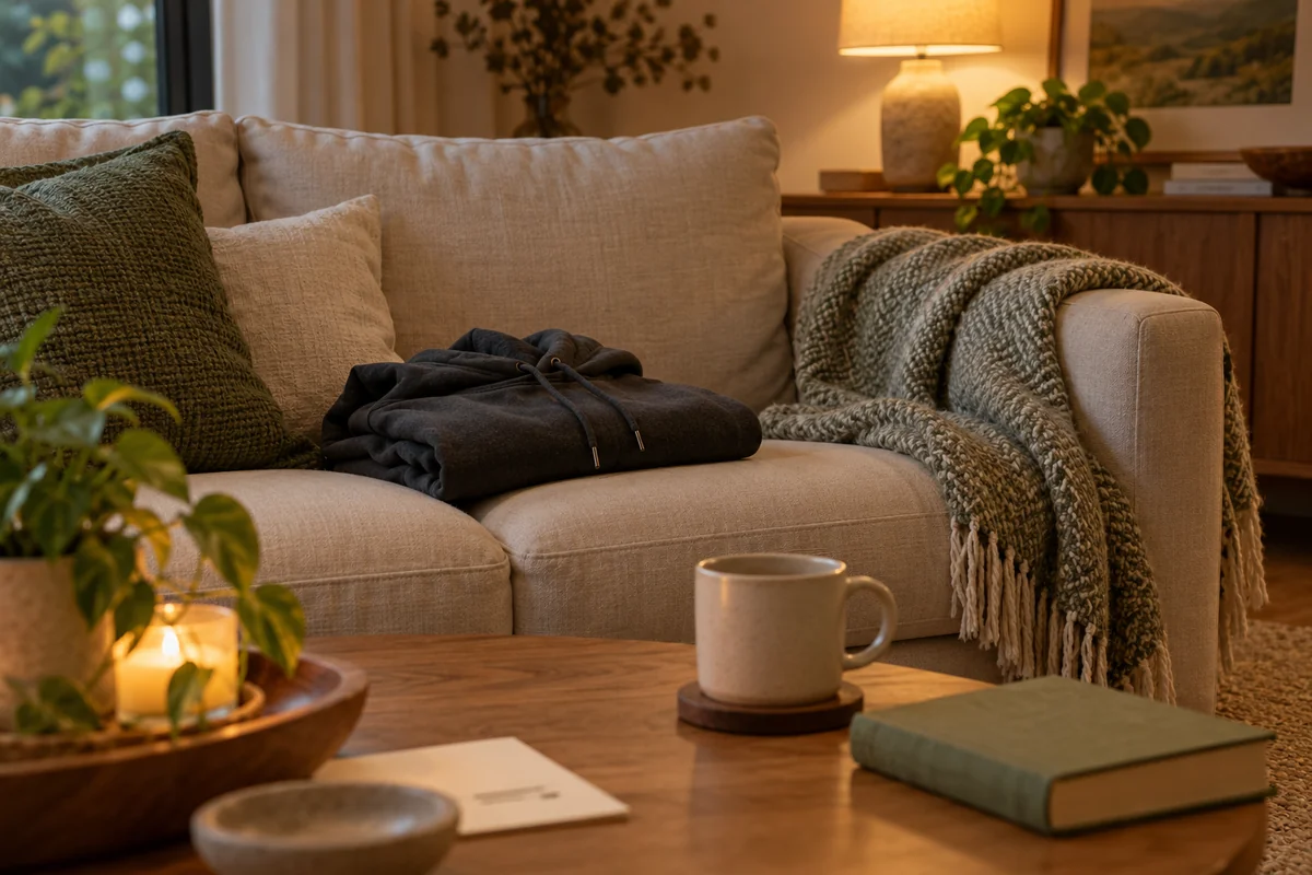 A folded hoodie, a throw and a mug on a sofa in warm lamplight.