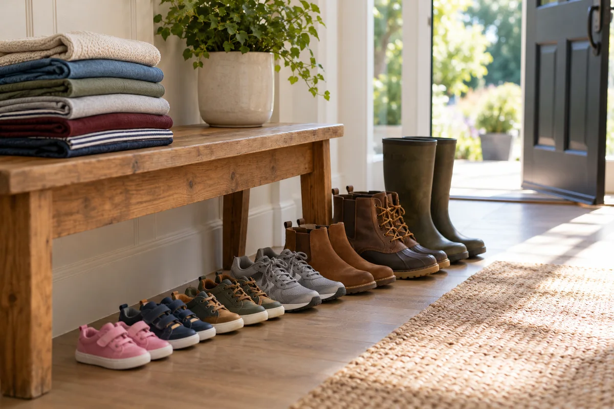 A group of children's sneakers and adult boots by a front door beside a stack of folded shirts.