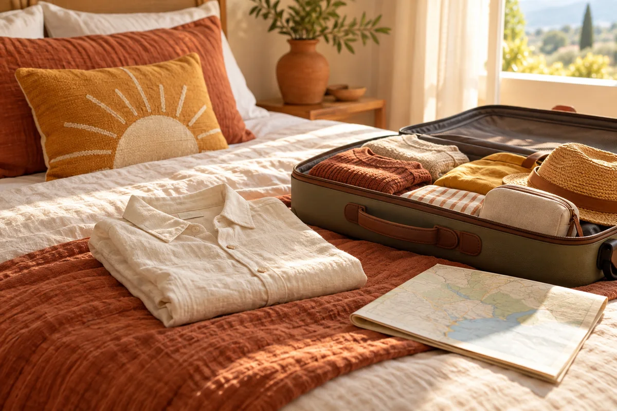 A pillow and a folded shirt beside an open suitcase and a map on a bed.