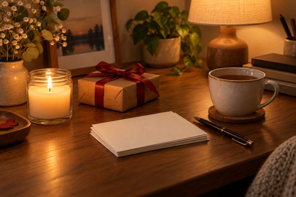 A blank card, a candle and a small wrapped gift on a desk in evening light.