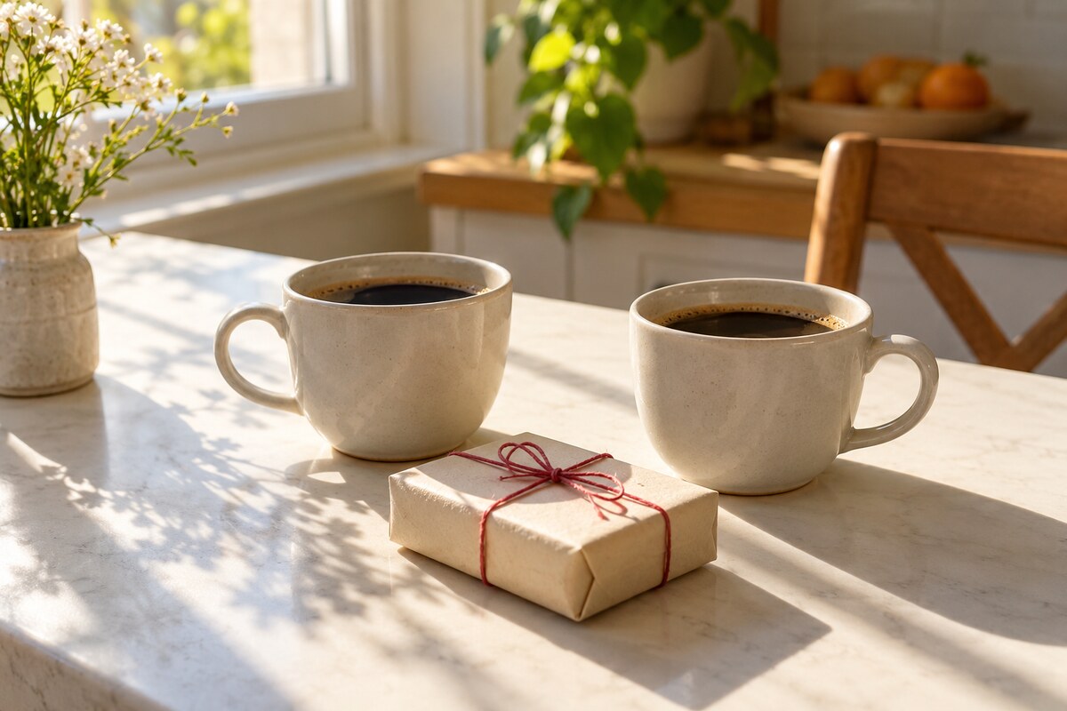A pair of coffee cups and a small wrapped gift on a kitchen table at sunrise