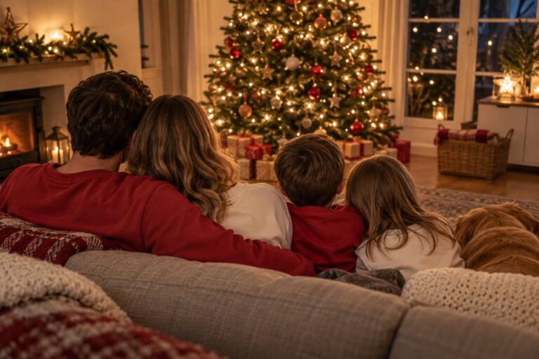 A family group seen from behind on a sofa in matching Christmas sweatshirts near a tree.