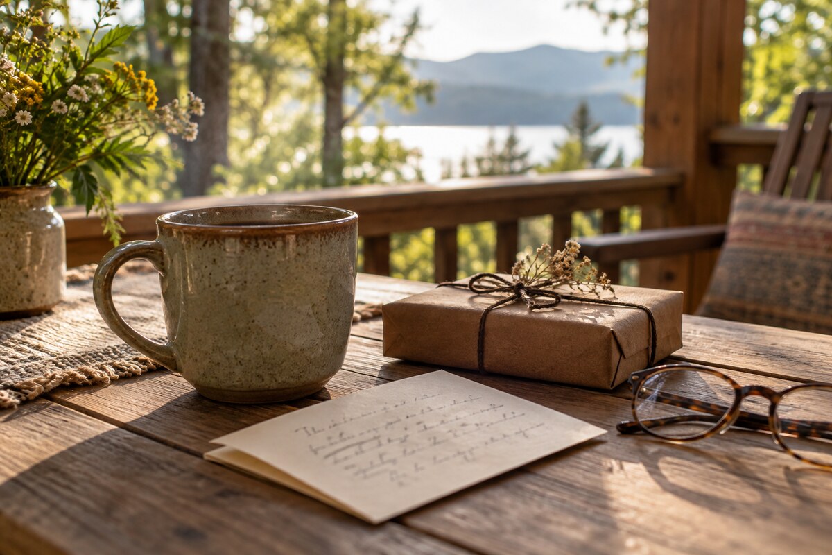 A coffee mug, brown paper parcel and folded card on a porch table in morning light