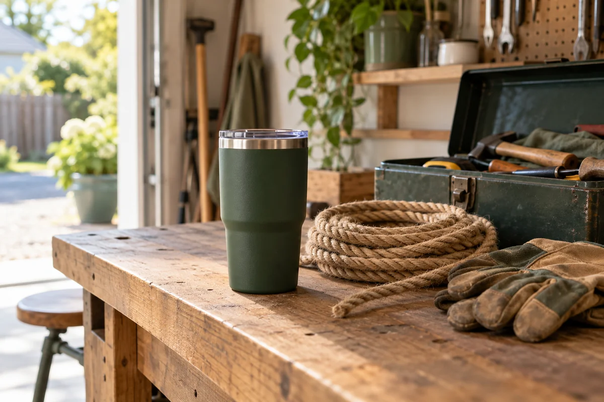 A workbench in a garage with a tumbler, a coil of rope and a small toolbox.