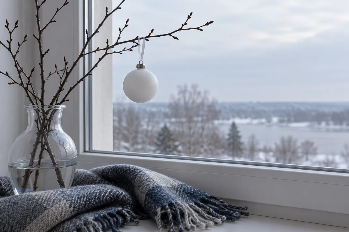 A small plain round ornament hanging from a ribbon beside a window with a winter-gray sky.