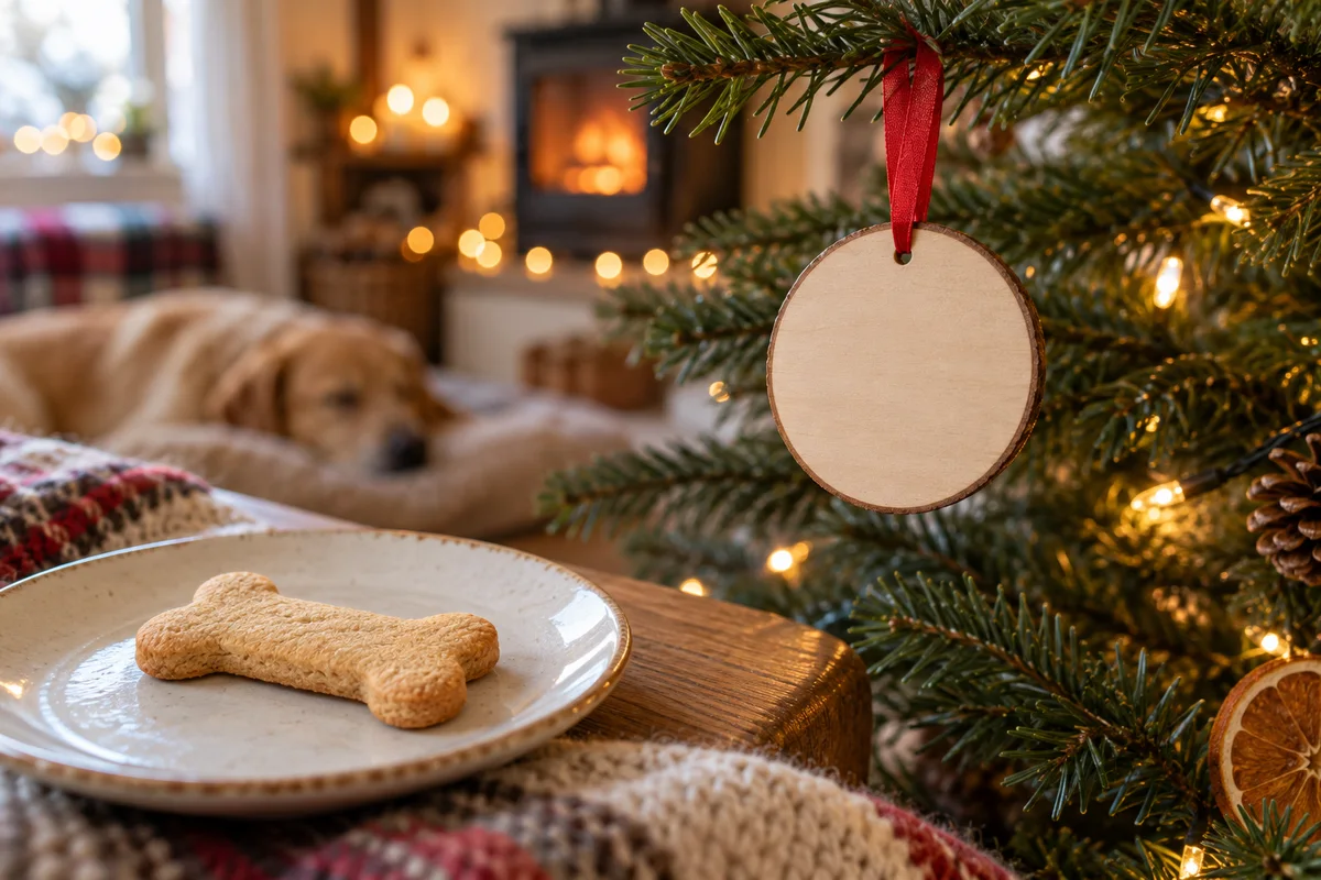 A small round ornament on a pine branch beside a dog biscuit-shaped cookie.