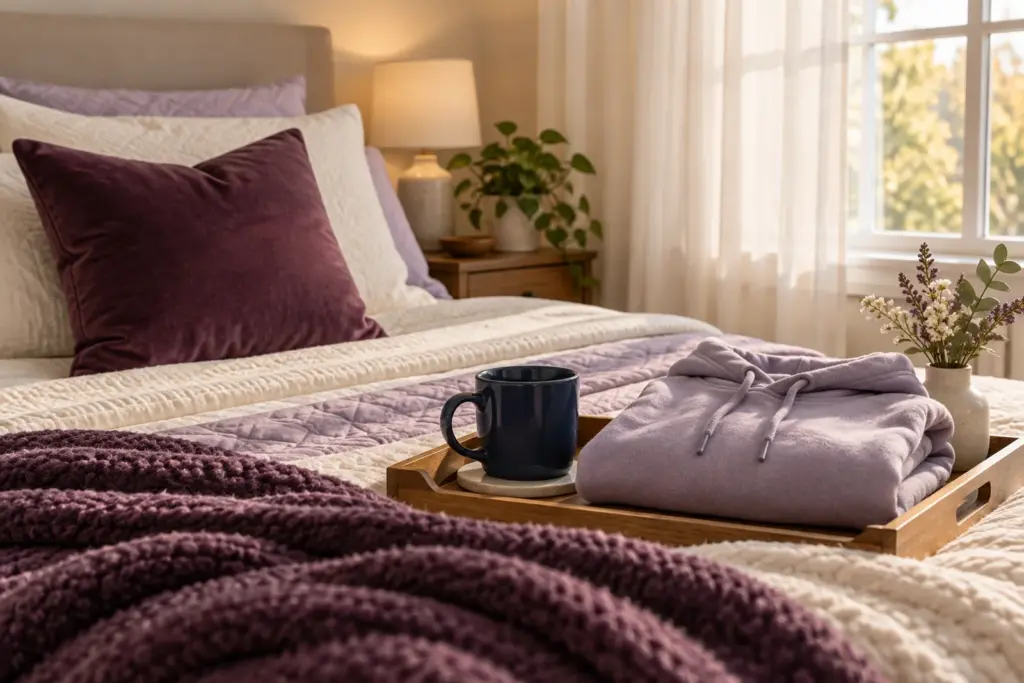 A pillow, a hoodie and a mug laid out on a bed beside a window with soft daylight.