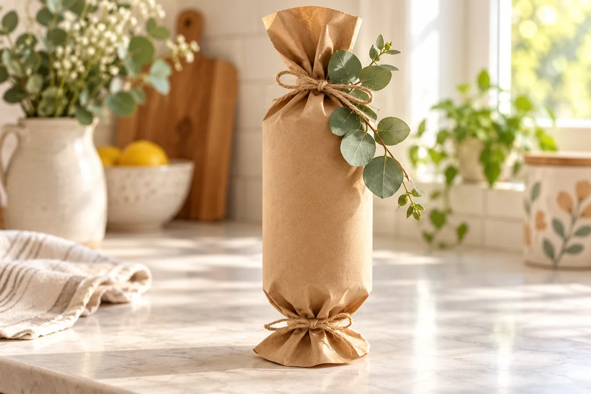A tall tumbler wrapped in brown paper and tied with twine on a kitchen counter