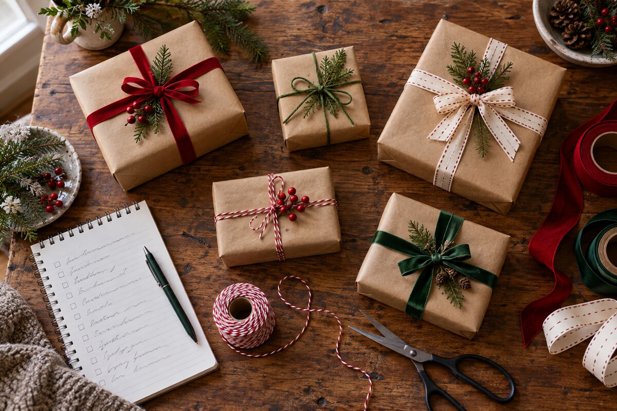 Wrapped gifts in kraft paper with ribbon laid out on a table beside a notepad and pen