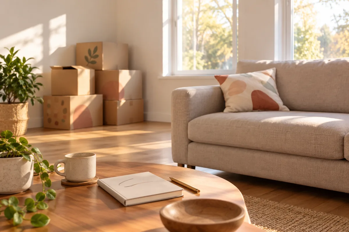 Boxes stacked in a new empty living room with a single sofa and one pillow on it