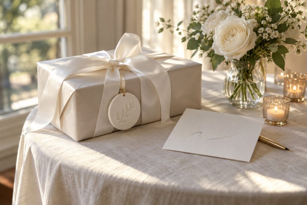 A wedding gift table with a wrapped box, a small ornament on ribbon and a handwritten card.