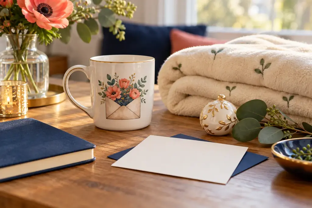 A mug with a flower envelope design, a folded blanket and a small gold-leaf ornament on a bright table