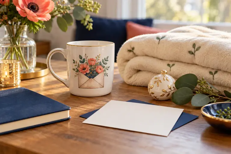 A mug with a flower envelope design, a folded blanket and a small gold-leaf ornament on a bright table