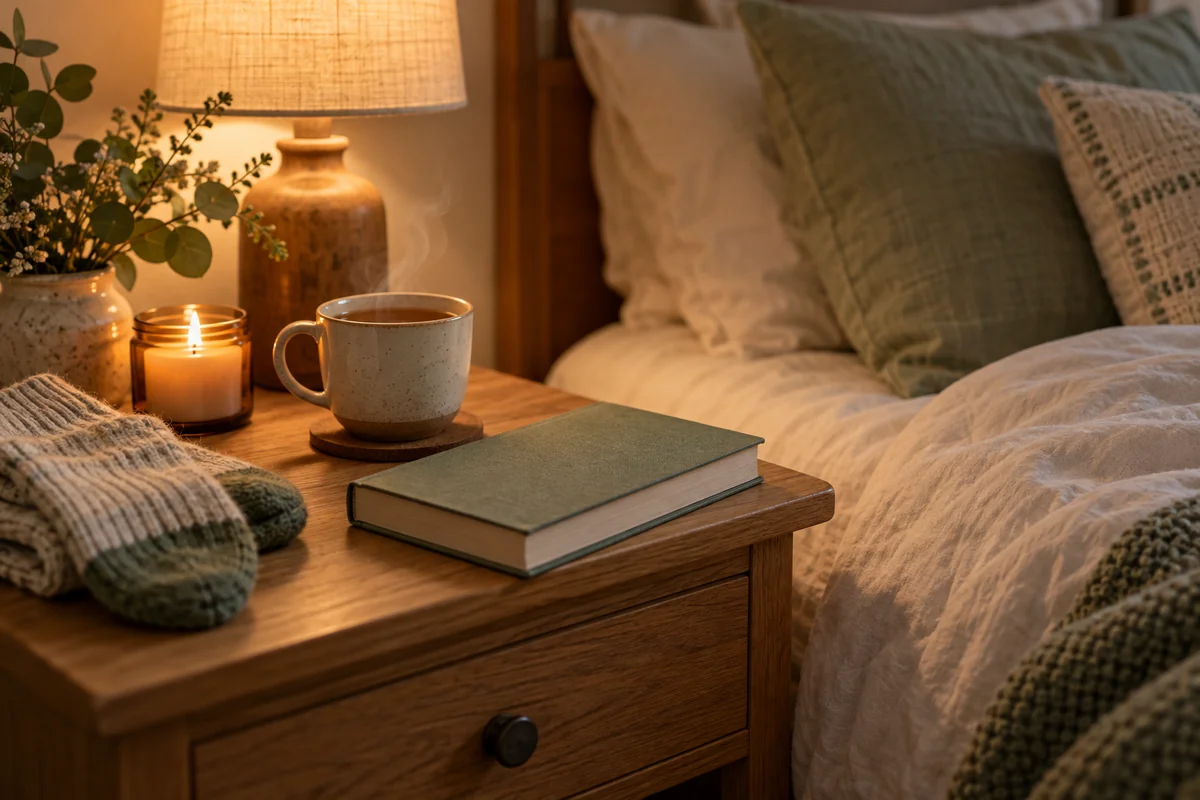 A cup of tea, a small candle and a pair of socks on a bedside table in dim light.