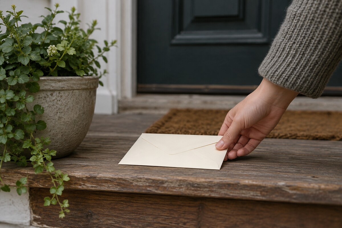 A hand placing a small card on a doorstep beside a plant