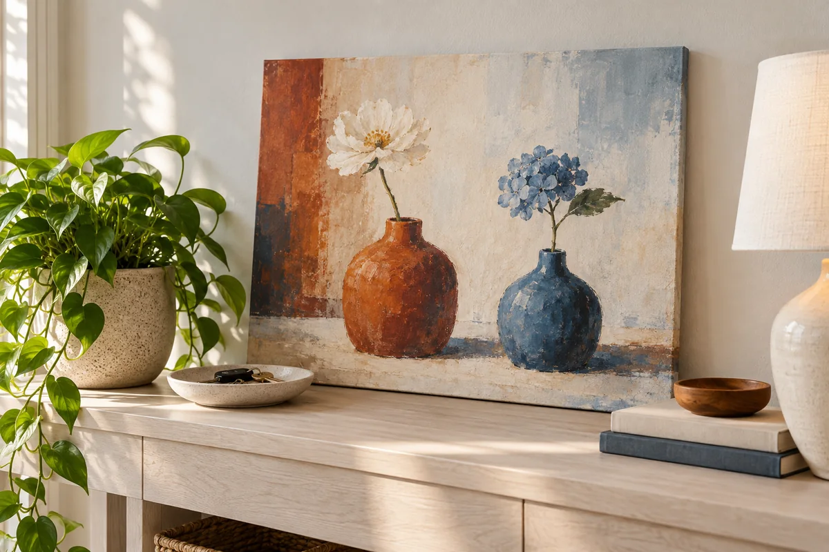 A canvas with two simple vases and flowers on a console beside a plant.