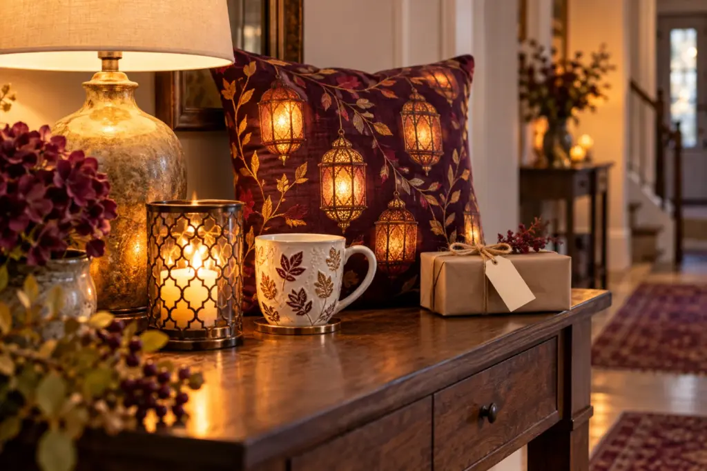 A pillow, a mug and a wrapped parcel on a hallway table beside a lamp.