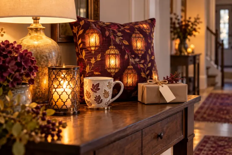 A pillow, a mug and a wrapped parcel on a hallway table beside a lamp.