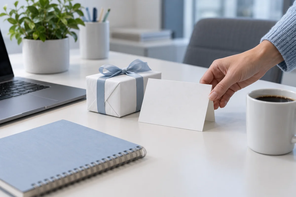 A hand placing a folded blank card and a small wrapped gift on a neat office desk.
