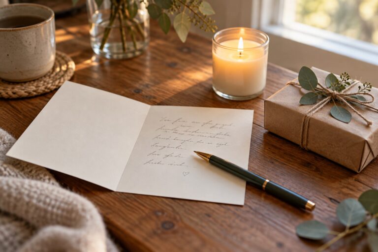 An open birthday card with a pen, a candle and a small wrapped gift on a desk.