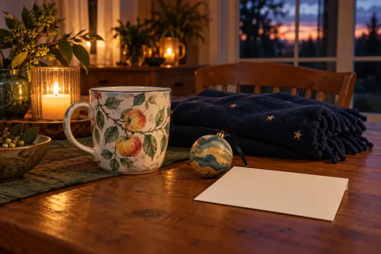 A mug, a folded blanket and a small ornament arranged on a wooden table at dusk.