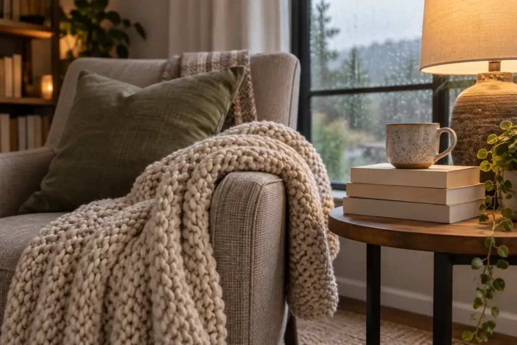 A chunky knit throw folded over an armchair with a stack of paperbacks and a mug on a small table.