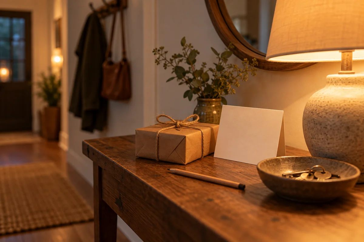A kraft paper card and a pencil on a hallway table beside a small wrapped gift.