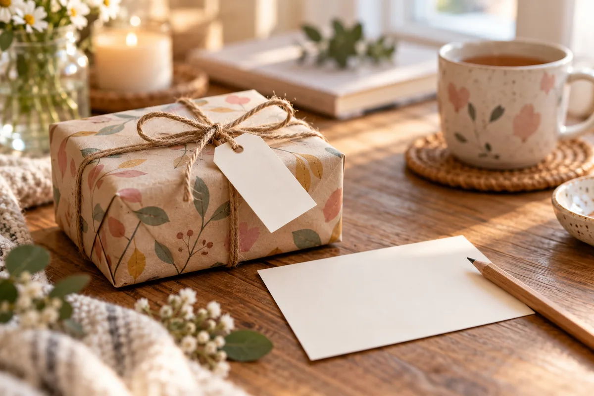 A wrapped gift on a table with a card and a pencil beside it