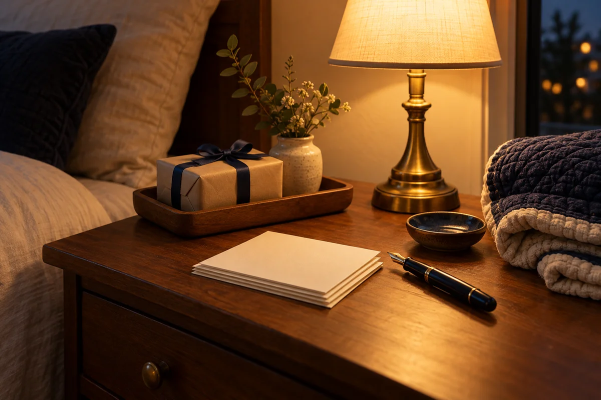 A small stack of blank cards and a pen beside a lamp on a bedside table.
