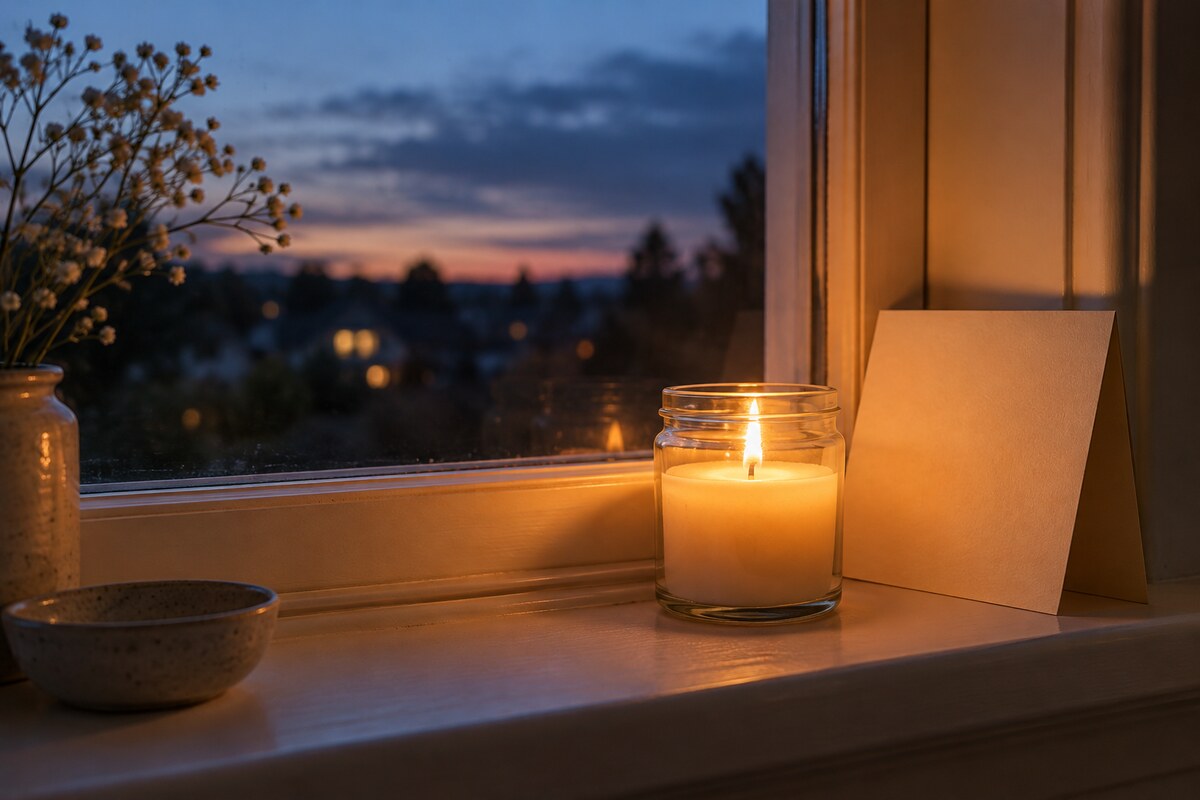 A single candle and a folded card on a windowsill at dusk