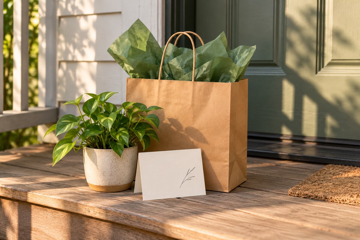 A small gift bag and a card left on a doorstep with a potted plant