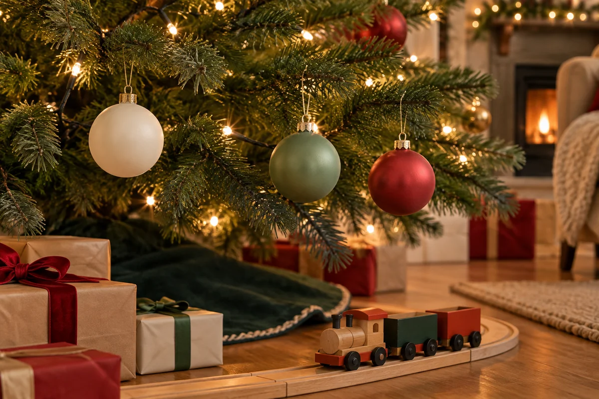A small wrapped gift and plain round ornaments on the lower branches of a Christmas tree.