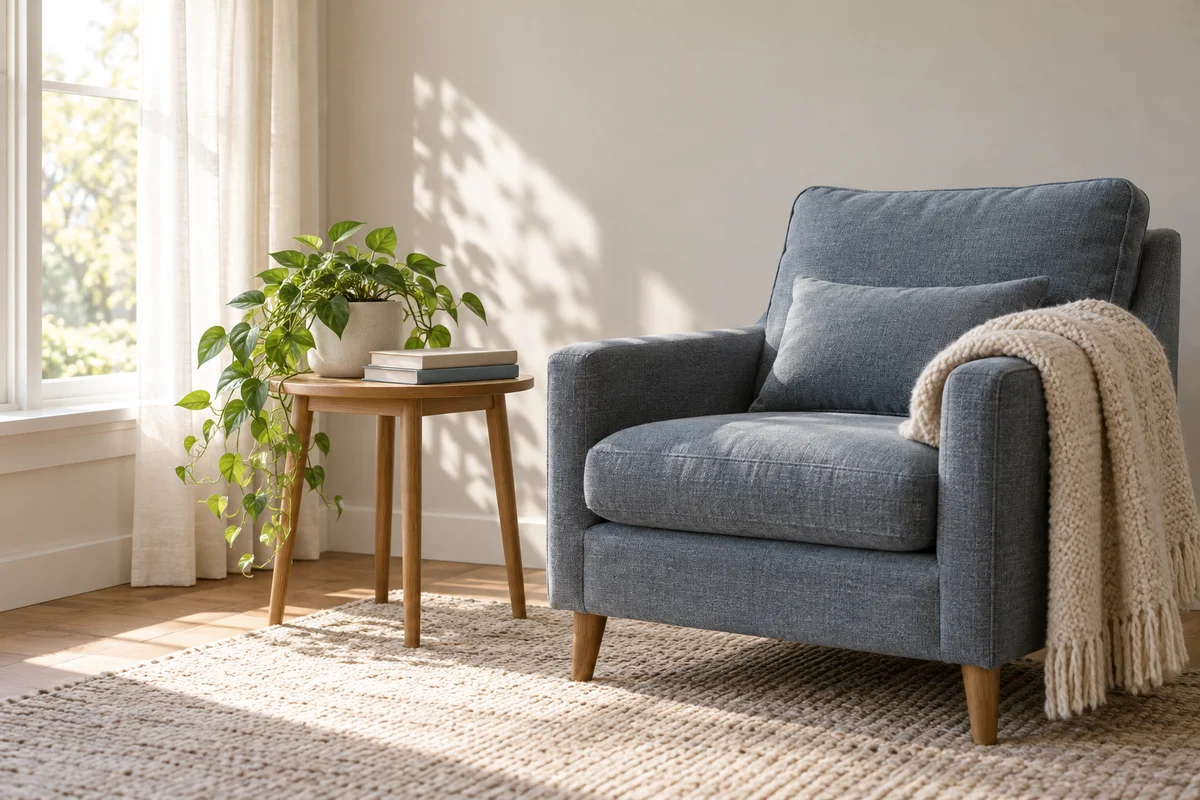An oatmeal throw folded on a gray-blue armchair beside a small side table with a plant.
