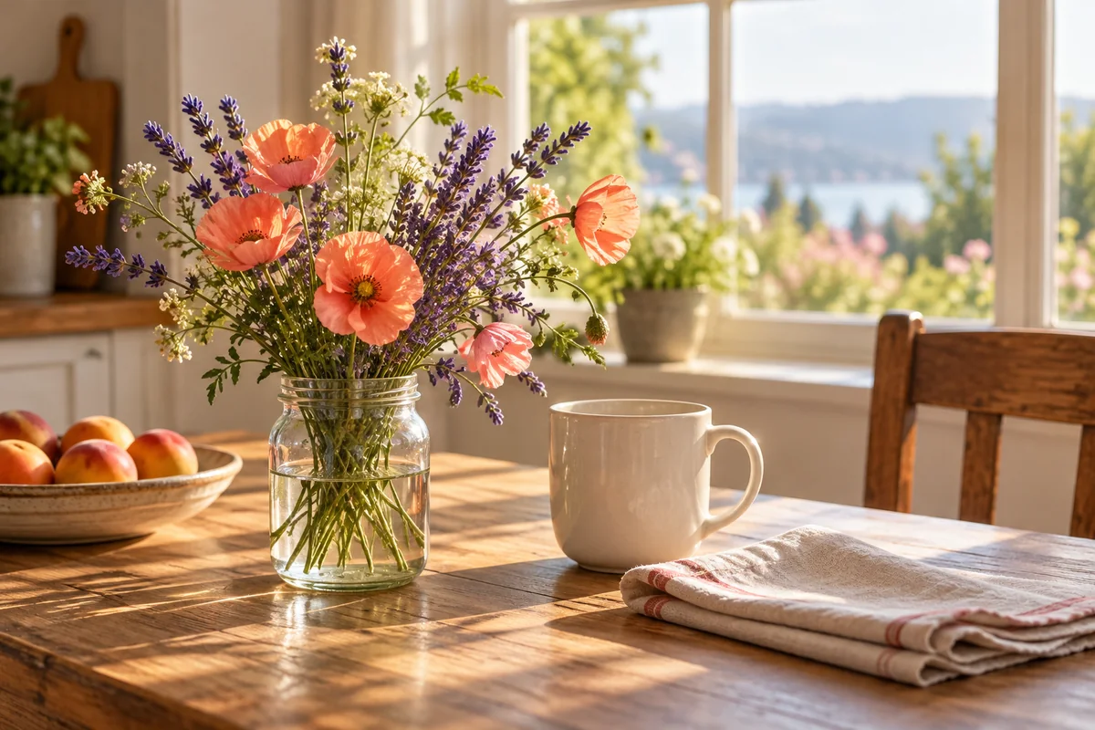A glass jar of coral and lavender wildflowers on a sunny kitchen table beside a plain mug.