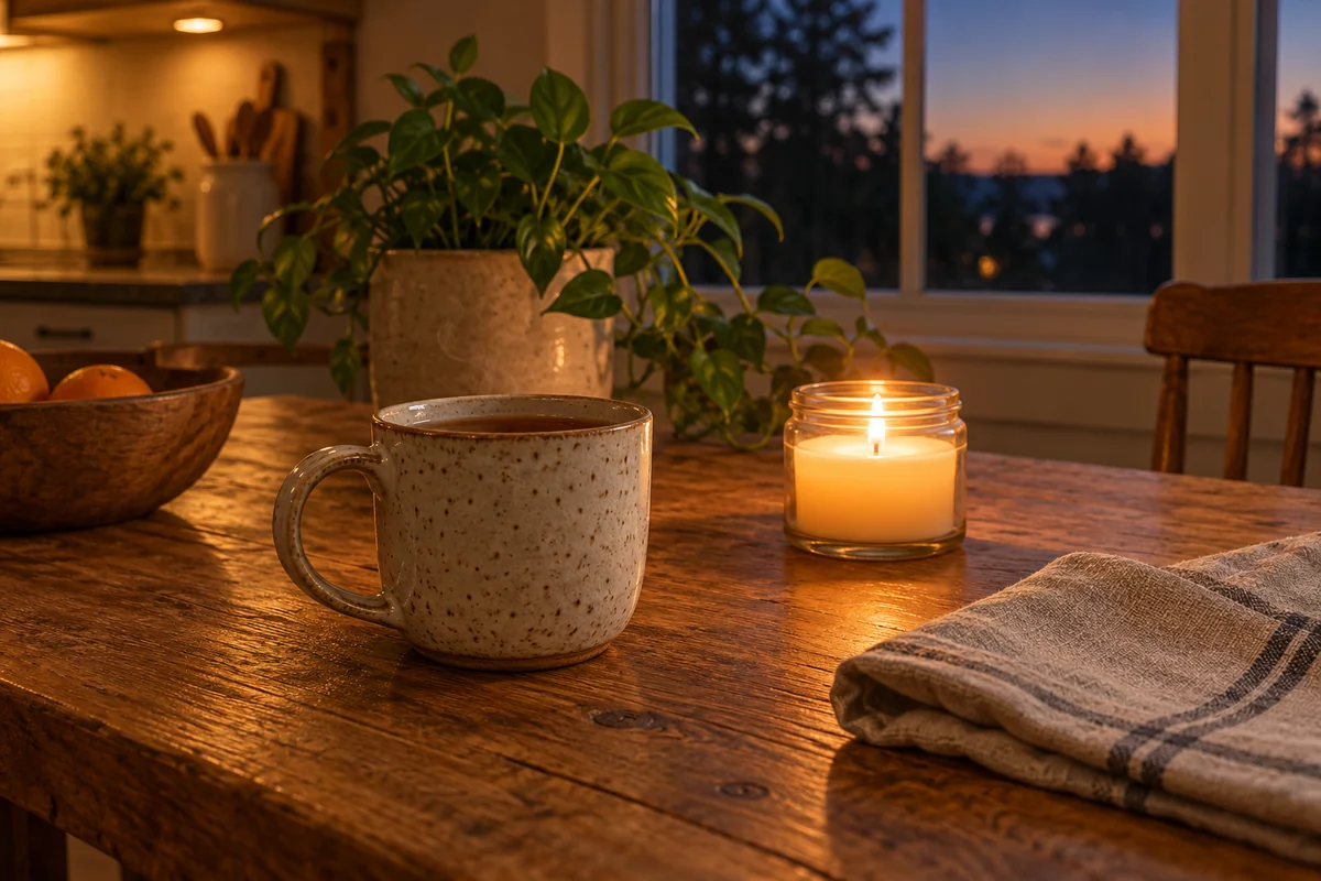 A mug of tea on a kitchen table at the end of a day with a single lit candle beside it.