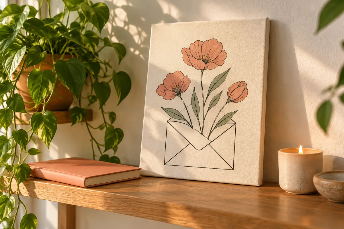 A canvas with a simple envelope-and-flowers design leaning on a shelf with a plant.