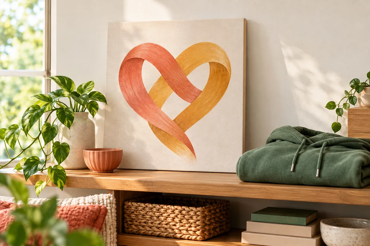 A canvas with interlaced ribbons and a hoodie on a shelf in a bright room.