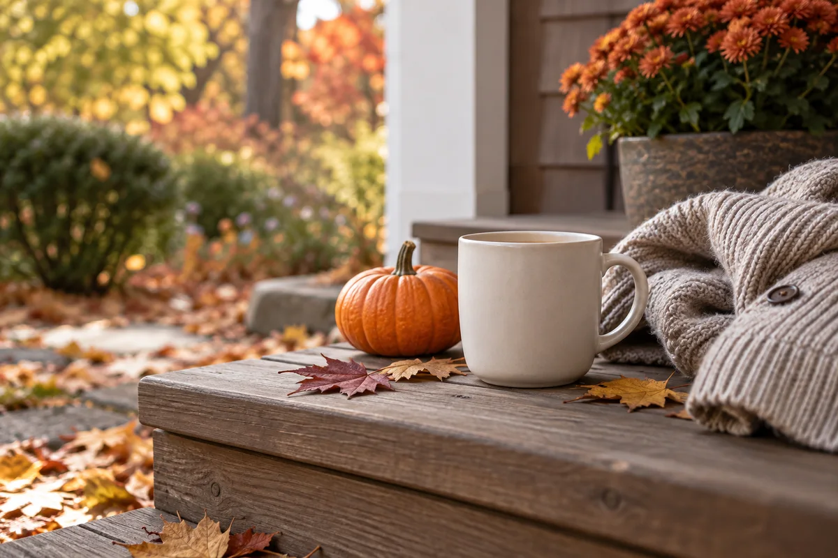 A mug on a porch step beside a small pumpkin and a folded cardigan in warm autumn light.