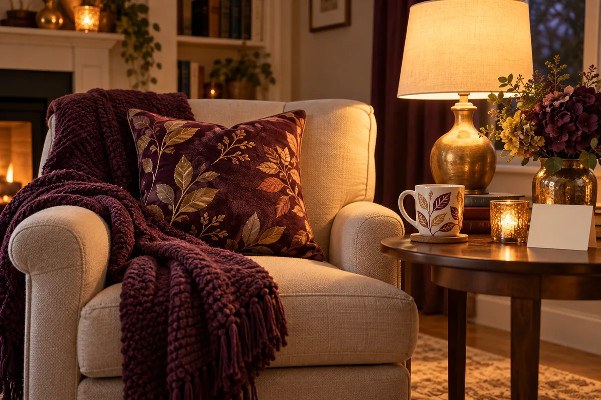 A mug and a pillow on a favorite armchair in a quiet living room.