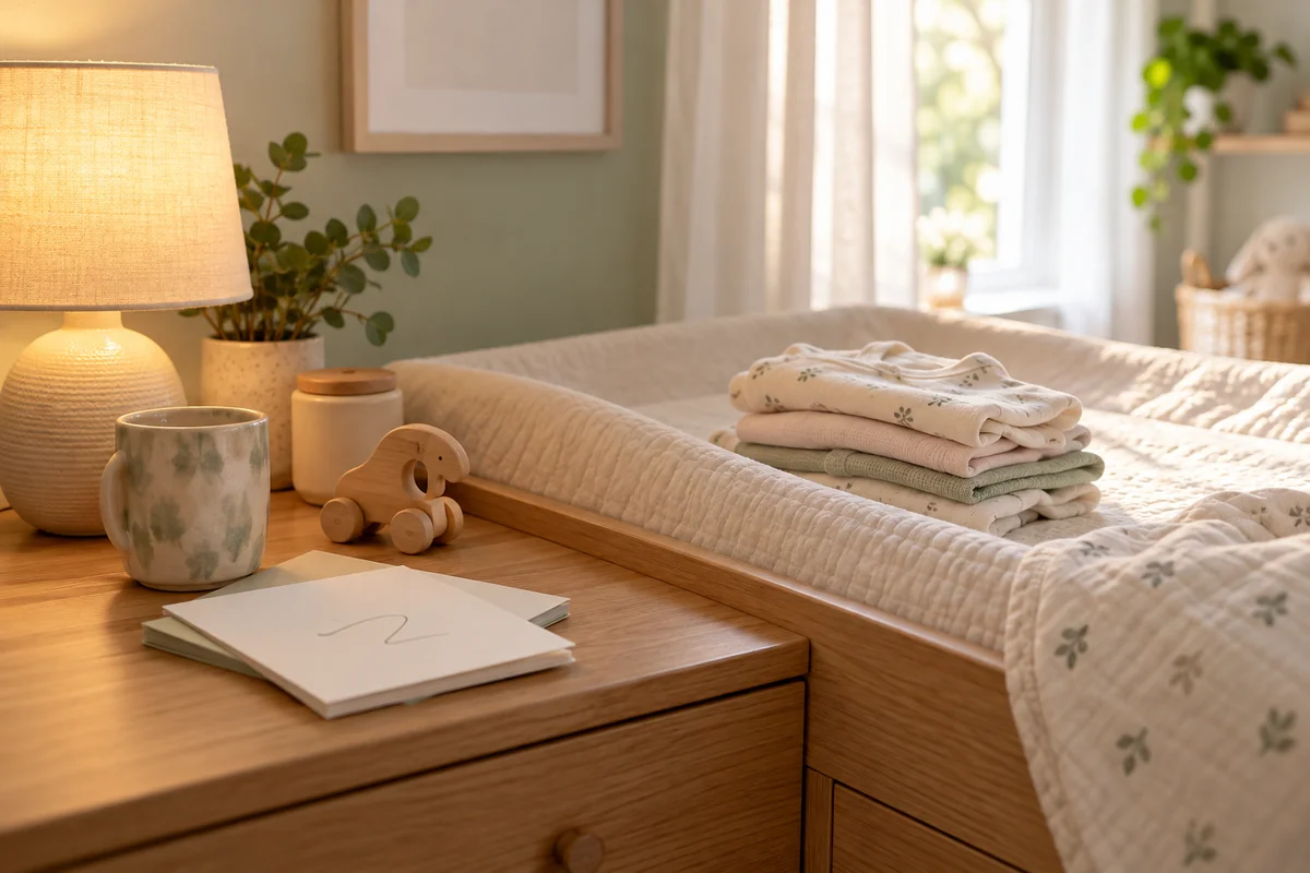 A mug and a stack of folded baby clothes on a nursery changing table.