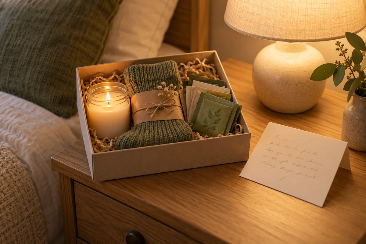 A small care box with a candle, socks and a loose handwritten card on a bedside table.