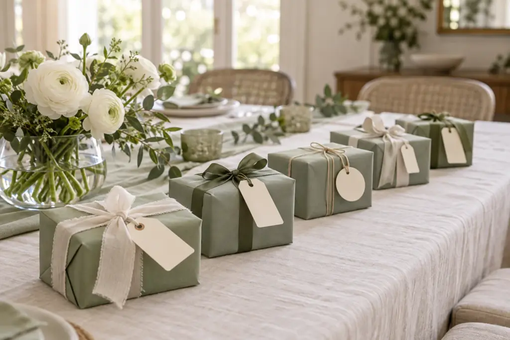 A row of small wrapped gifts with blank tags on a pale table beside a vase of white flowers.