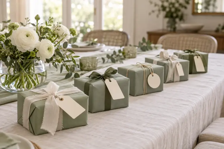 A row of small wrapped gifts with blank tags on a pale table beside a vase of white flowers.
