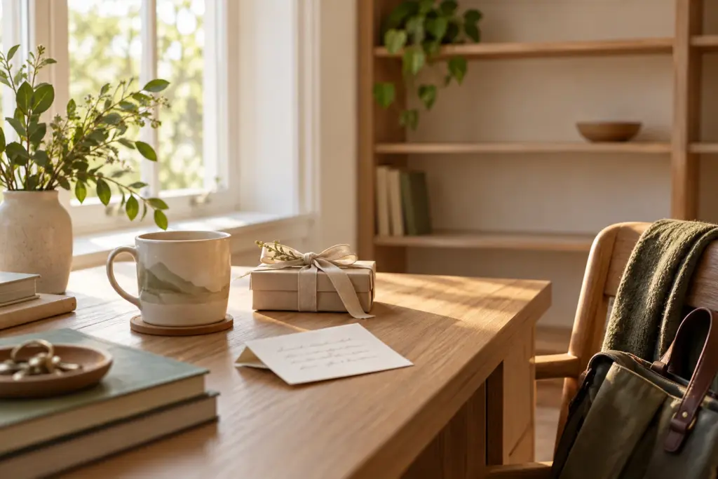 A farewell gift on a desk: a mug, a folded note and a small wrapped box beside an open window.
