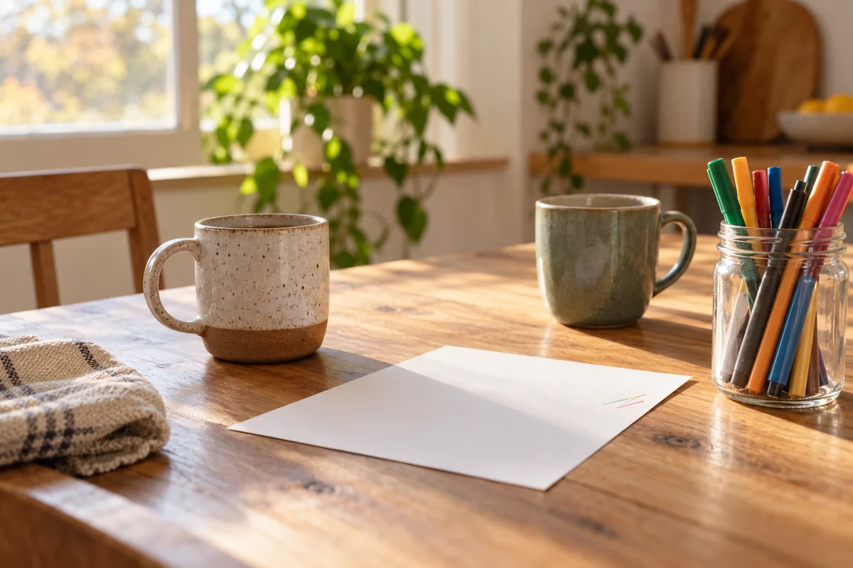 Two mismatched mugs and a blank sheet of paper on a kitchen table beside a jar of pens.